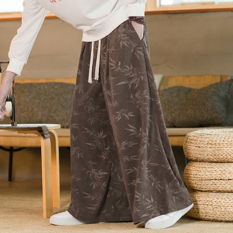 Buddha Stones Lässige Vintage-Herrenhose mit Kordelzug und Bambusblattmuster für Herbst und Winter, gerades Bein, mit Tasche - Sattelbraun - US/UK/AU46, EU56 (5XL) - image 15