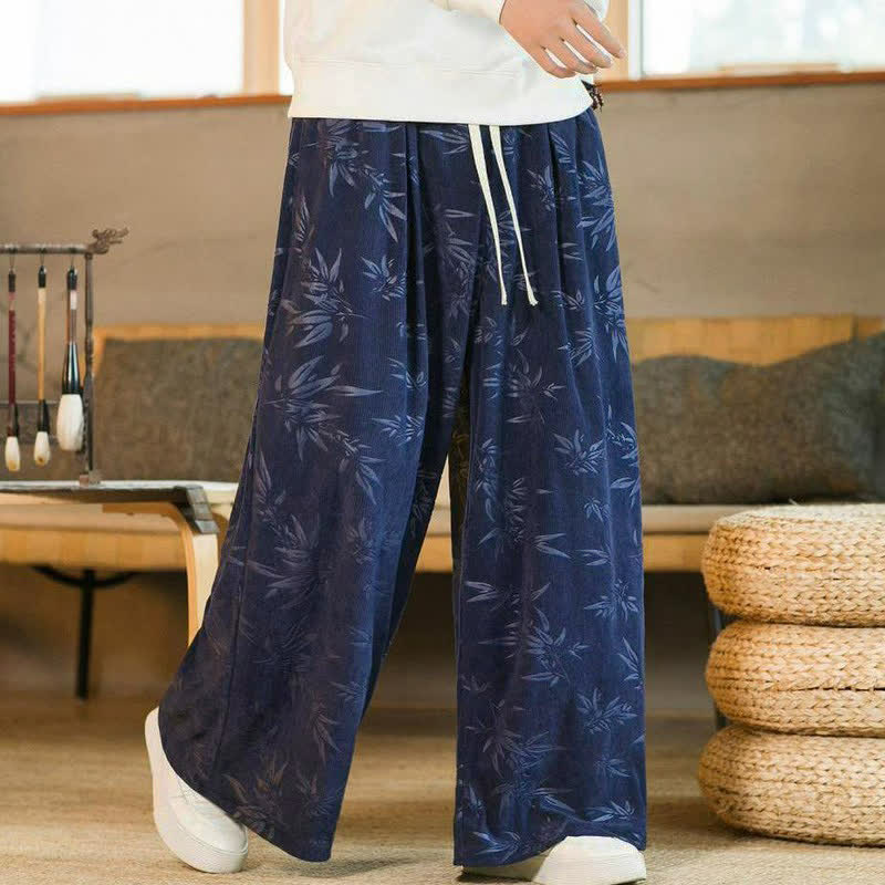 Buddha Stones Lässige Vintage-Herrenhose mit Kordelzug und Bambusblattmuster für Herbst und Winter, gerades Bein, mit Tasche - image 12