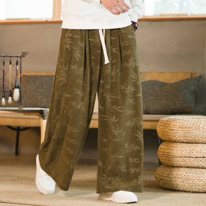 Buddha Stones Lässige Vintage-Herrenhose mit Kordelzug und Bambusblattmuster für Herbst und Winter, gerades Bein, mit Tasche - image 2