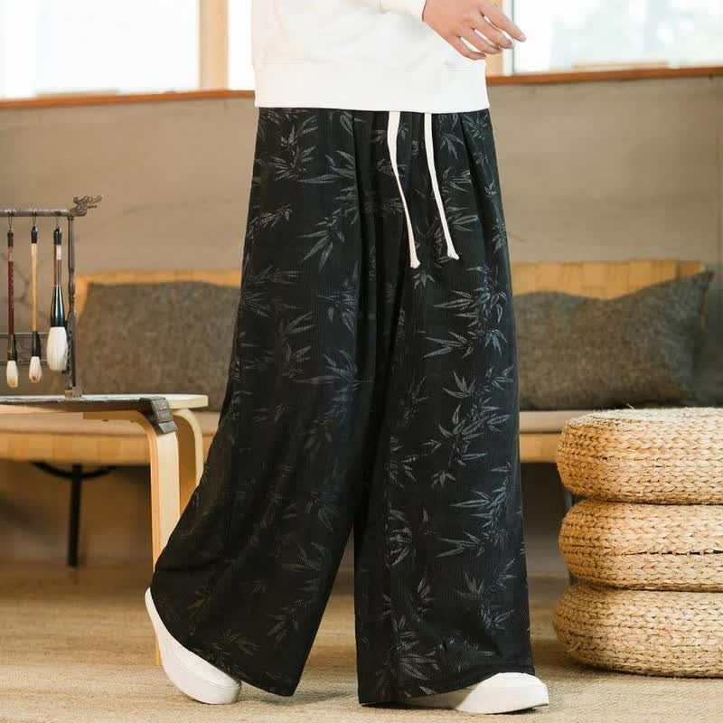 Buddha Stones Lässige Vintage-Herrenhose mit Kordelzug und Bambusblattmuster für Herbst und Winter, gerades Bein, mit Tasche - image 7