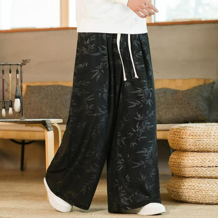 Buddha Stones Lässige Vintage-Herrenhose mit Kordelzug und Bambusblattmuster für Herbst und Winter, gerades Bein, mit Tasche - image 7