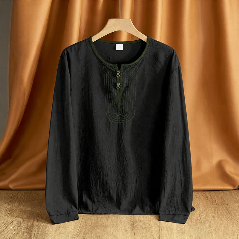 Buddha Stones Lässige Vintage-Herrenhemden mit Knopfleiste, einfarbig, langärmlig, für Frühling und Herbst - Schwarz - US/UK/AU42, EU52 (3XL) - image 9