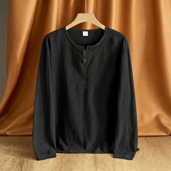 Buddha Stones Lässige Vintage-Herrenhemden mit Knopfleiste, einfarbig, langärmlig, für Frühling und Herbst - Schwarz - US/UK/AU42, EU52 (3XL) - image 9