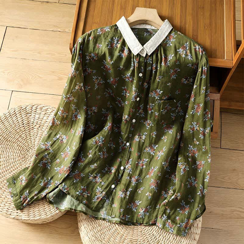 Buddha Stones Frühling/Sommer Vintage-Damenbluse mit Blumenmuster, langen Ärmeln und Tasche, Knopfleiste, Knopfleiste, Langarm, mit Tasche - Olivgrün - US8-10, UK/AU12-14, EU40-42 (2XL) - image 7