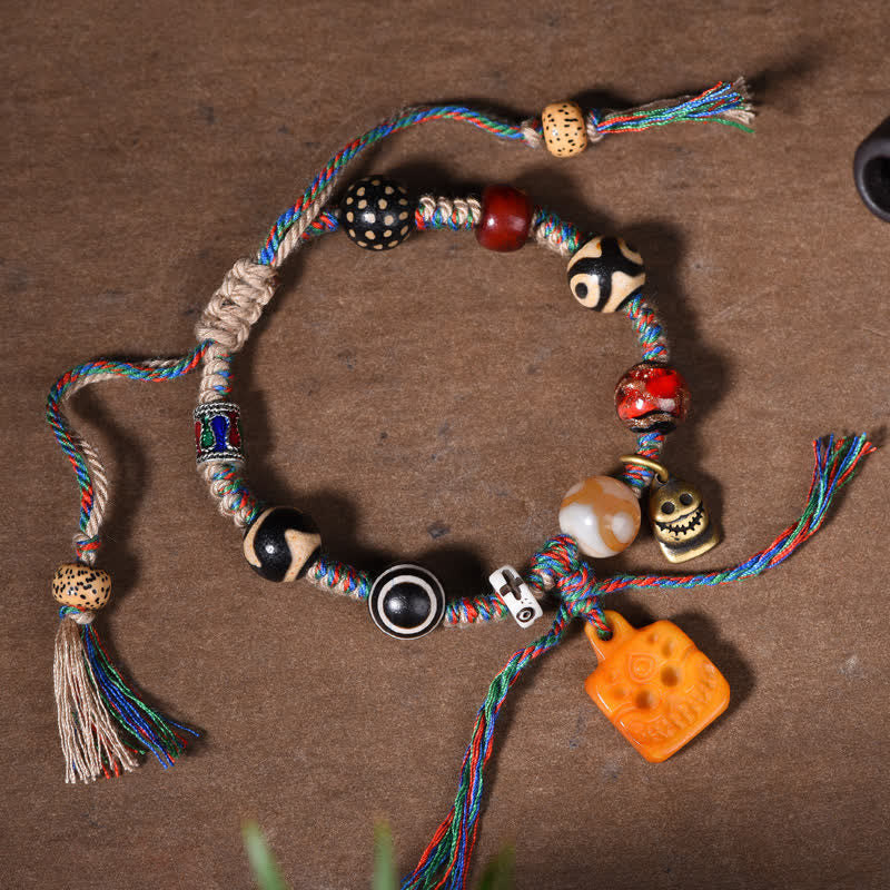 Buddha Stones Tibetisches Dzi-Perlen-Armband mit geflochtenem Knochenband in verschiedenen Farben – ein Segensgeschenk - Dzi-Perle (Reichtum ♥ Glück) - image 0