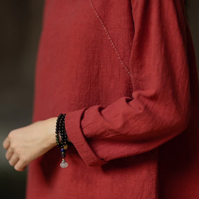Buddha Stones Lässige Damenbluse im Tang-Stil mit Froschknopfleiste und Tasche, einfarbig aus Ramie, ideal für Frühling und Herbst. - image 15