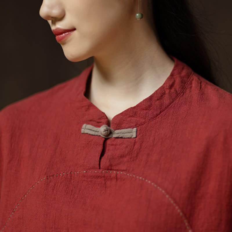 Buddha Stones Lässige Damenbluse im Tang-Stil mit Froschknopfleiste und Tasche, einfarbig aus Ramie, ideal für Frühling und Herbst. - image 14
