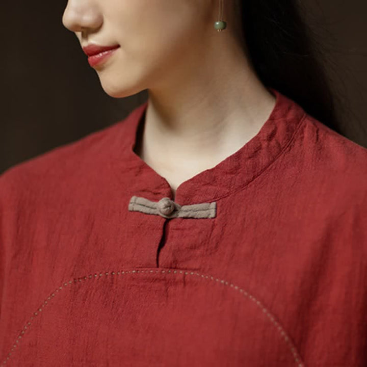 Buddha Stones Lässige Damenbluse im Tang-Stil mit Froschknopfleiste und Tasche, einfarbig aus Ramie, ideal für Frühling und Herbst. - image 14