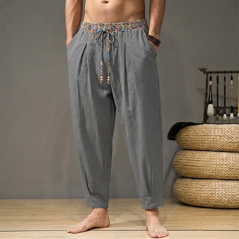Buddha Stones Lässige Boho-Hose für Frühling und Sommer, lange Herrenhose mit Kordelzug, geometrischem Muster, elastischem Bund und Taschen - Grau - US/UK/AU44, EU54 (3XL) - image 23