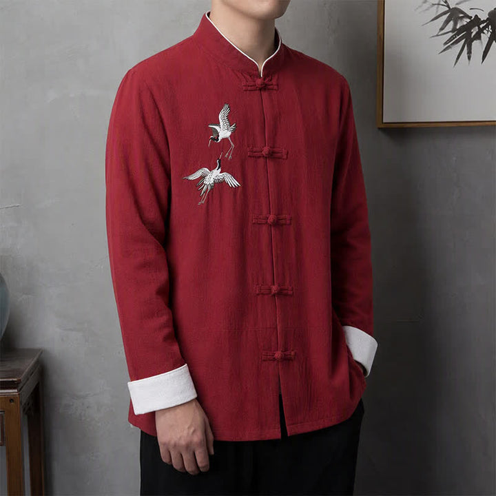 Buddha Stones Frühling Herbst Vintage Tang Style Herren Langarmhemden mit Froschknopf und Kranichstickerei - Purpurrot - US/UK/AU46, EU56 (5XL) - image 0