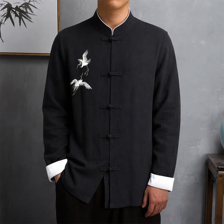 Buddha Stones Frühling Herbst Vintage Tang Style Herren Langarmhemden mit Froschknopf und Kranichstickerei - Schwarz - US/UK/AU46, EU56 (5XL) - image 9