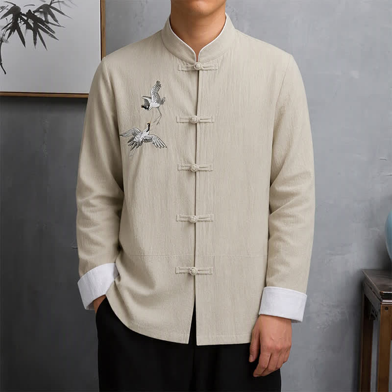 Buddha Stones Frühling Herbst Vintage Tang Style Herren Langarmhemden mit Froschknopf und Kranichstickerei - Beige - US/UK/AU46, EU56 (5XL) - image 20