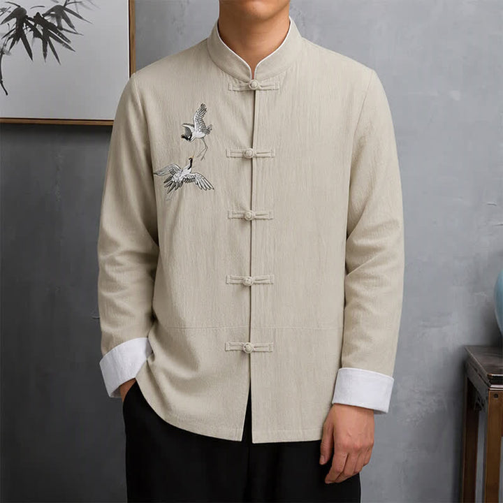 Buddha Stones Frühling Herbst Vintage Tang Style Herren Langarmhemden mit Froschknopf und Kranichstickerei - Beige - US/UK/AU46, EU56 (5XL) - image 20