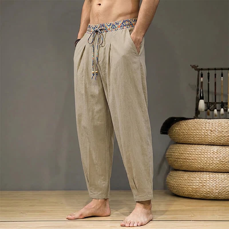 Buddha Stones Lässige Boho-Hose für Frühling und Sommer, lange Herrenhose mit Kordelzug, geometrischem Muster, elastischem Bund und Taschen - image 1