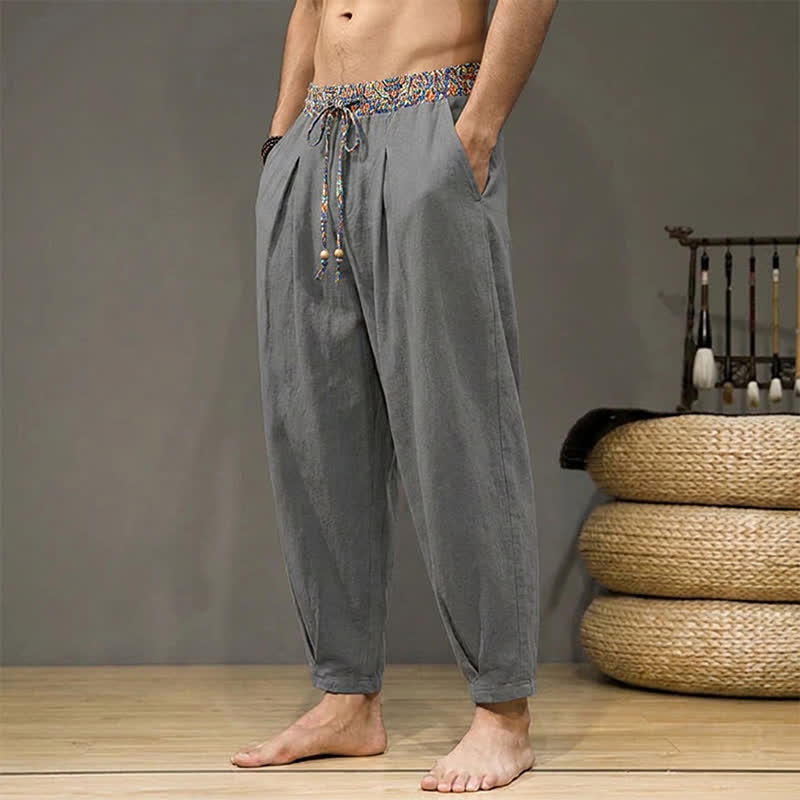 Buddha Stones Lässige Boho-Hose für Frühling und Sommer, lange Herrenhose mit Kordelzug, geometrischem Muster, elastischem Bund und Taschen - image 24