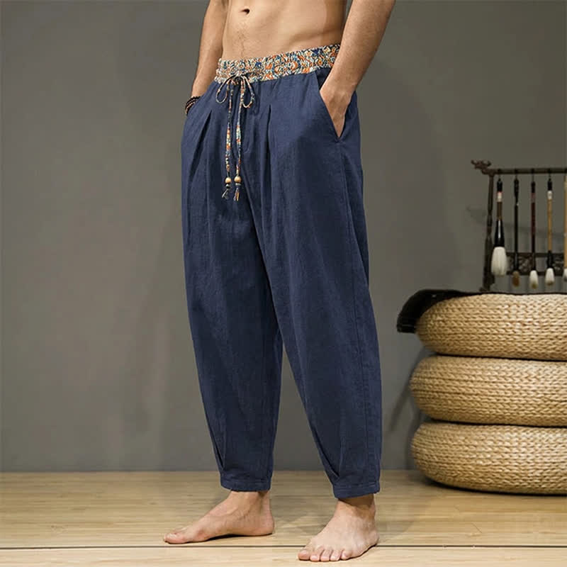 Buddha Stones Lässige Boho-Hose für Frühling und Sommer, lange Herrenhose mit Kordelzug, geometrischem Muster, elastischem Bund und Taschen - image 12