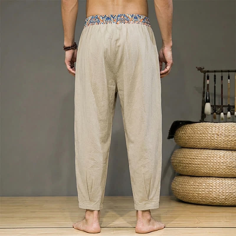 Buddha Stones Lässige Boho-Hose für Frühling und Sommer, lange Herrenhose mit Kordelzug, geometrischem Muster, elastischem Bund und Taschen - image 2