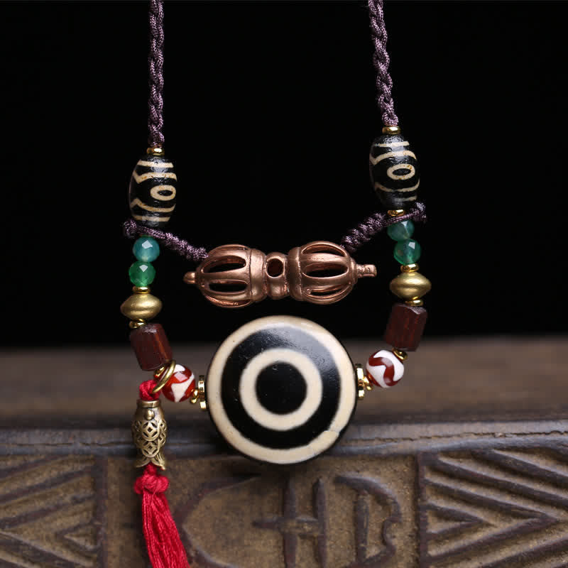 Buddha Stones Tibetische Dzi-Perlen-Vajra-Dreiaugen-Dzi-Perlen-Geflochtene-Seil-Schutzkette - image 1