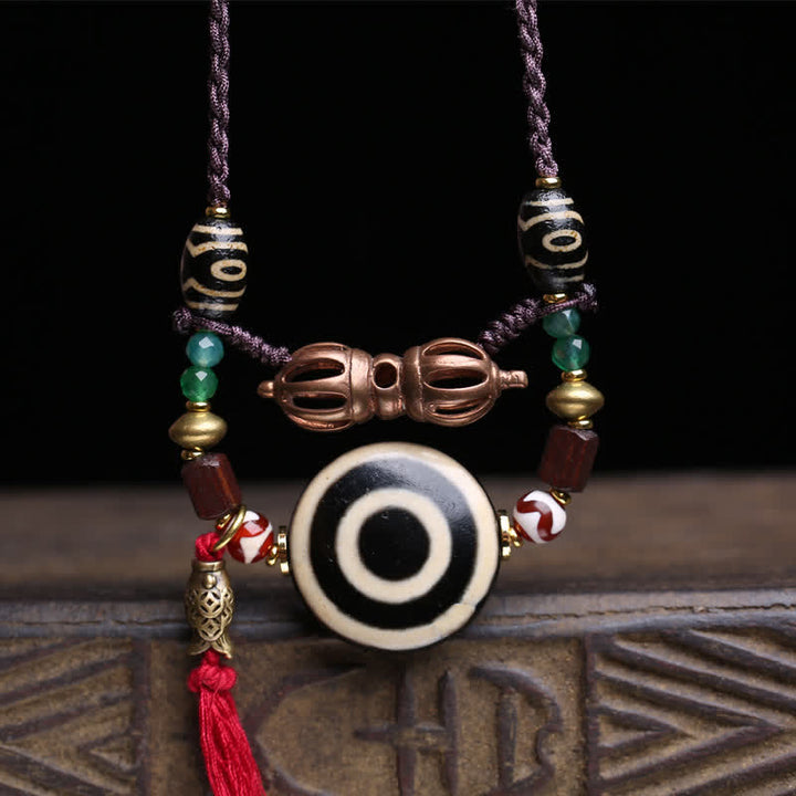 Buddha Stones Tibetische Dzi-Perlen-Vajra-Dreiaugen-Dzi-Perlen-Geflochtene-Seil-Schutzkette - image 1