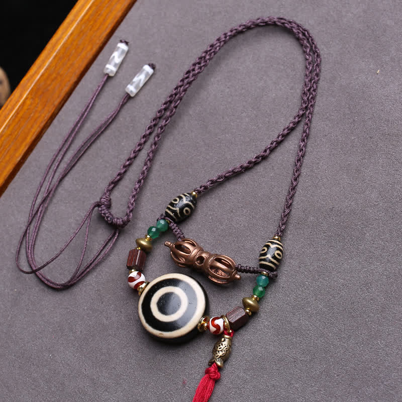 Buddha Stones Tibetische Dzi-Perlen-Vajra-Dreiaugen-Dzi-Perlen-Geflochtene-Seil-Schutzkette - Ca. 24 × 10 mm - image 0