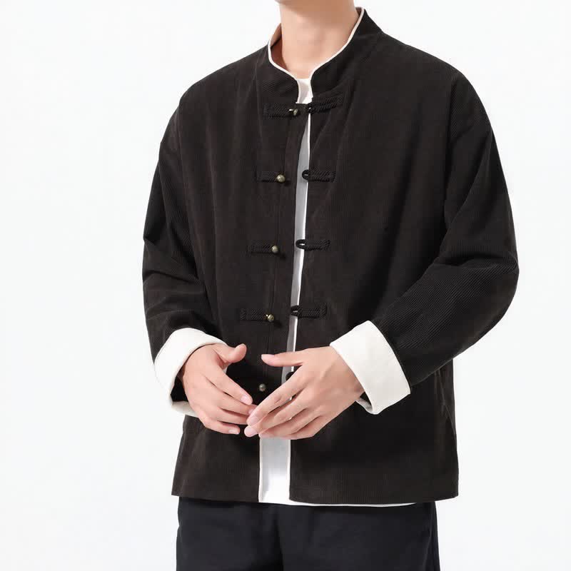 Buddha Stones Lässige Herrenjacke im Tang-Stil mit Froschknopfleiste und Tasche aus einfarbigem Cord für Herbst und Winter - image 12