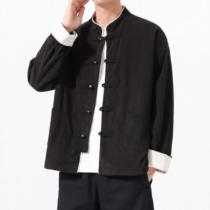 Buddha Stones Lässige Herrenjacke im Tang-Stil mit Froschknopfleiste und Tasche aus einfarbigem Cord für Herbst und Winter - image 13