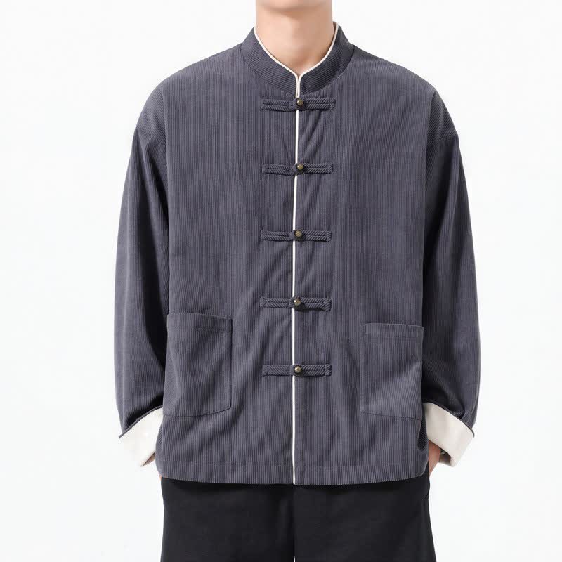 Buddha Stones Lässige Herrenjacke im Tang-Stil mit Froschknopfleiste und Tasche aus einfarbigem Cord für Herbst und Winter - image 3