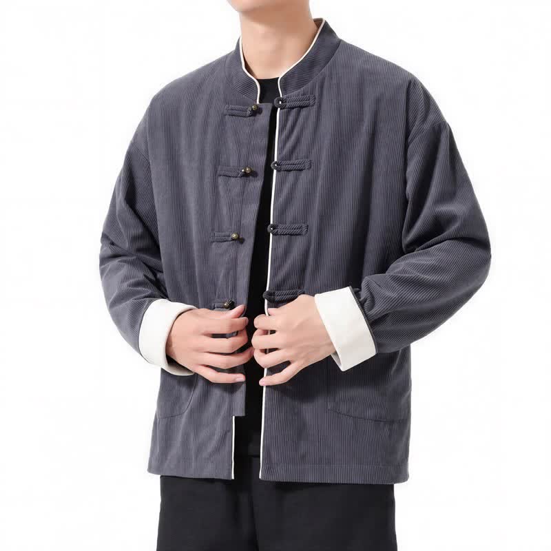 Buddha Stones Lässige Herrenjacke im Tang-Stil mit Froschknopfleiste und Tasche aus einfarbigem Cord für Herbst und Winter - image 2