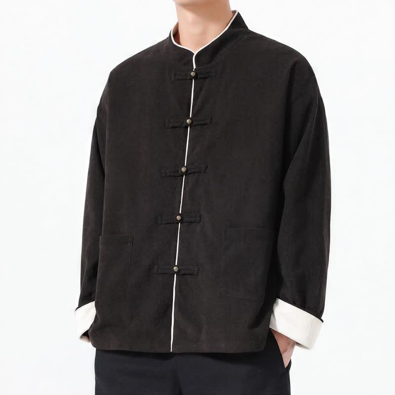 Buddha Stones Lässige Herrenjacke im Tang-Stil mit Froschknopfleiste und Tasche aus einfarbigem Cord für Herbst und Winter - image 11