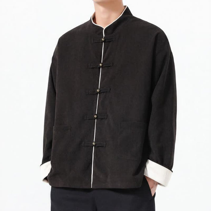 Buddha Stones Lässige Herrenjacke im Tang-Stil mit Froschknopfleiste und Tasche aus einfarbigem Cord für Herbst und Winter - image 11