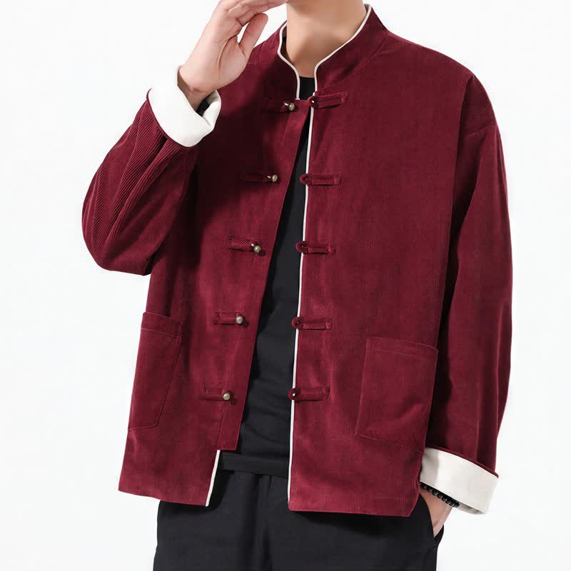Buddha Stones Lässige Herrenjacke im Tang-Stil mit Froschknopfleiste und Tasche aus einfarbigem Cord für Herbst und Winter - image 8