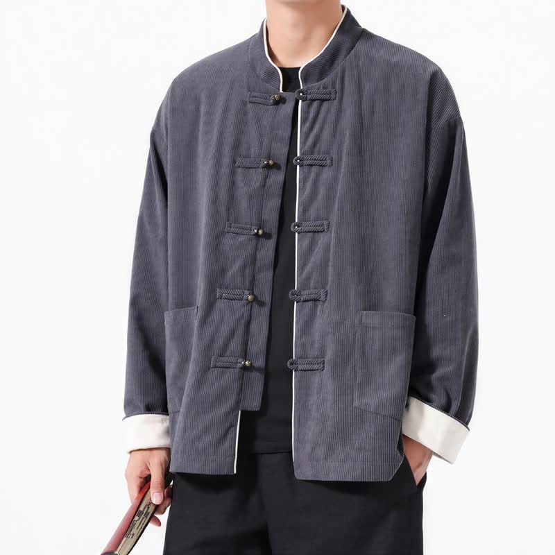 Buddha Stones Lässige Herrenjacke im Tang-Stil mit Froschknopfleiste und Tasche aus einfarbigem Cord für Herbst und Winter - DimGray - US/UK/AU46, EU56 (5XL) - image 0