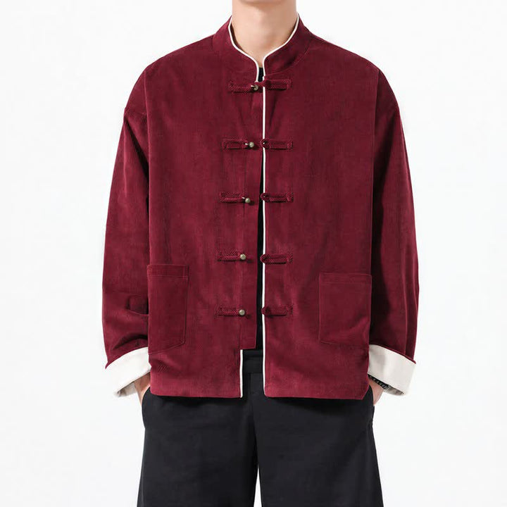 Buddha Stones Lässige Herrenjacke im Tang-Stil mit Froschknopfleiste und Tasche aus einfarbigem Cord für Herbst und Winter - image 7