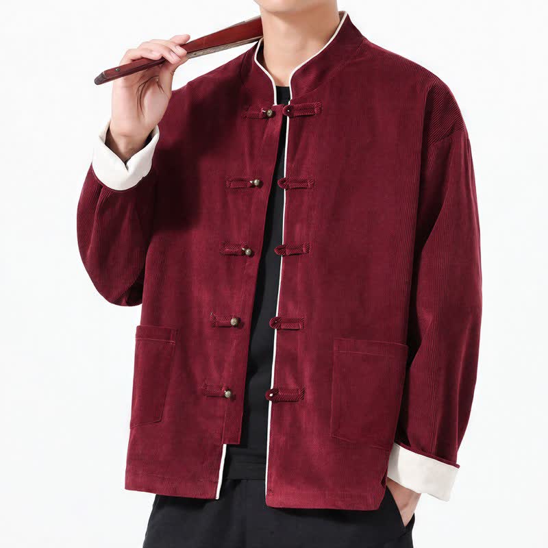 Buddha Stones Lässige Herrenjacke im Tang-Stil mit Froschknopfleiste und Tasche aus einfarbigem Cord für Herbst und Winter - image 9