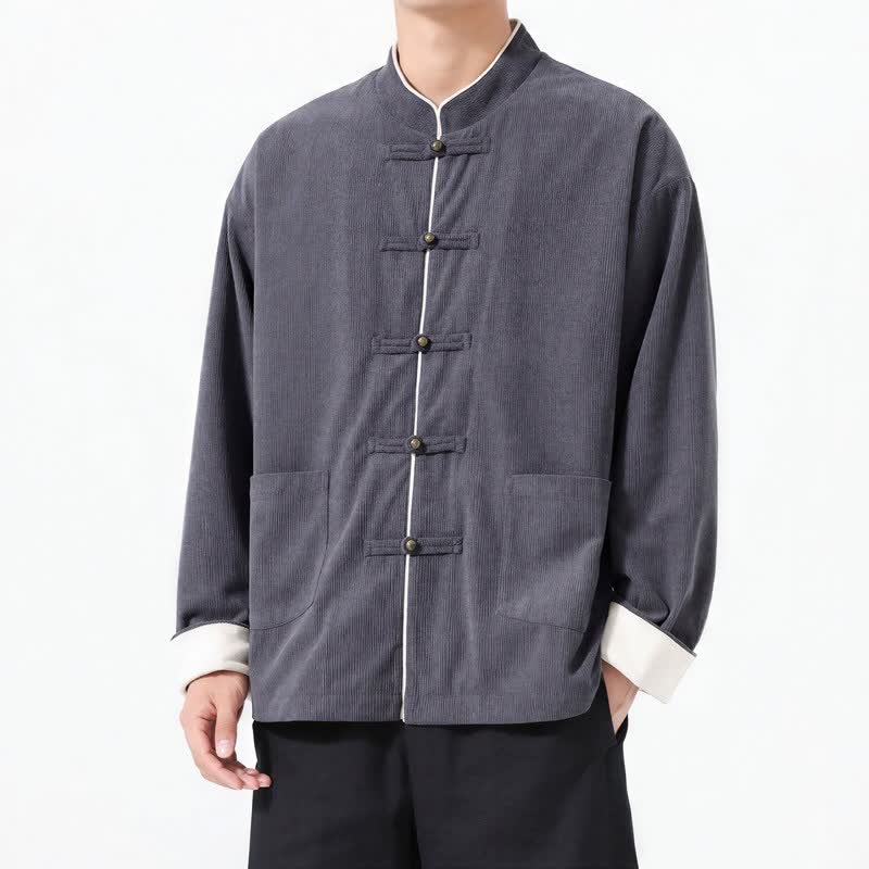Buddha Stones Lässige Herrenjacke im Tang-Stil mit Froschknopfleiste und Tasche aus einfarbigem Cord für Herbst und Winter - image 1