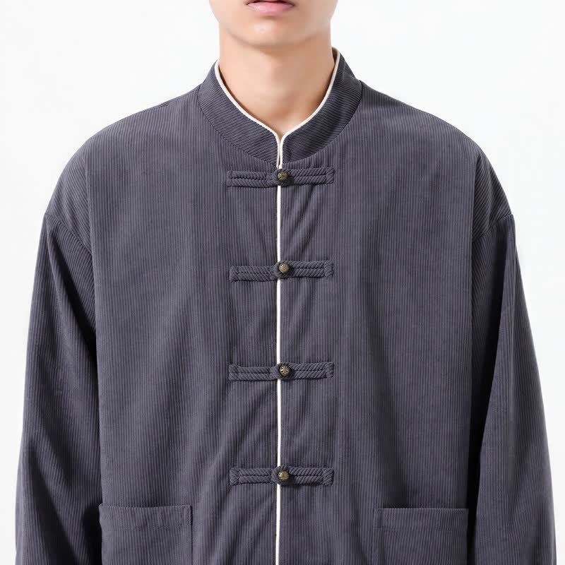 Buddha Stones Lässige Herrenjacke im Tang-Stil mit Froschknopfleiste und Tasche aus einfarbigem Cord für Herbst und Winter - image 4