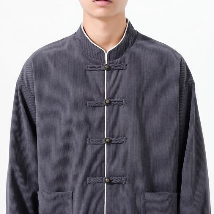Buddha Stones Lässige Herrenjacke im Tang-Stil mit Froschknopfleiste und Tasche aus einfarbigem Cord für Herbst und Winter - image 4