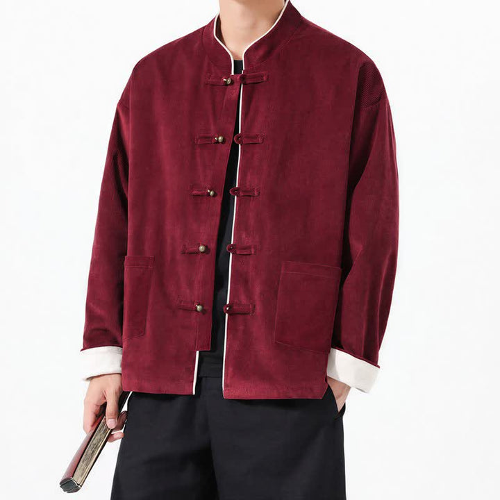 Buddha Stones Lässige Herrenjacke im Tang-Stil mit Froschknopfleiste und Tasche aus einfarbigem Cord für Herbst und Winter - Kastanienbraun - US/UK/AU46, EU56 (5XL) - image 6