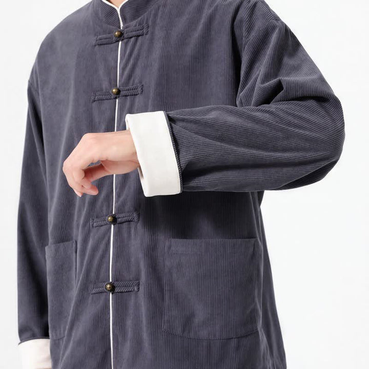 Buddha Stones Lässige Herrenjacke im Tang-Stil mit Froschknopfleiste und Tasche aus einfarbigem Cord für Herbst und Winter - image 5