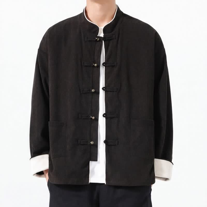 Buddha Stones Lässige Herrenjacke im Tang-Stil mit Froschknopfleiste und Tasche aus einfarbigem Cord für Herbst und Winter - Schwarz - US/UK/AU46, EU56 (5XL) - image 10