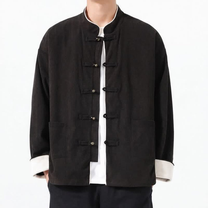 Buddha Stones Lässige Herrenjacke im Tang-Stil mit Froschknopfleiste und Tasche aus einfarbigem Cord für Herbst und Winter - Schwarz - US/UK/AU46, EU56 (5XL) - image 10