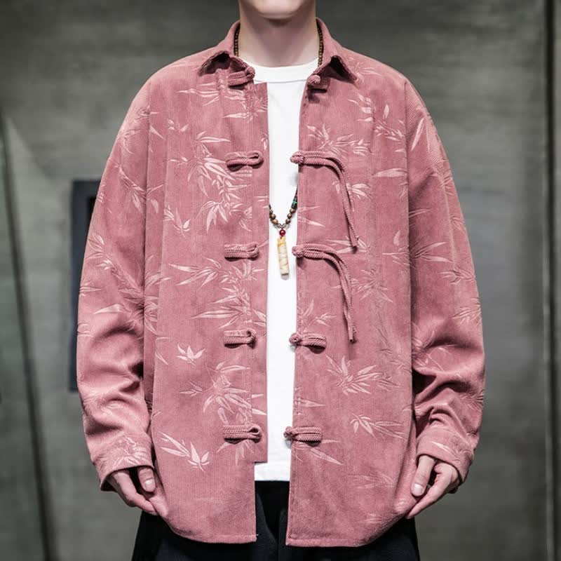 Buddha Stones Lässiges Herrenhemd im Tang-Stil mit Froschknopfleiste, floralem Cordmuster und Tasche für Herbst und Winter - Blassviolettrot - US/UK/AU46, EU56 (5XL) - image 15