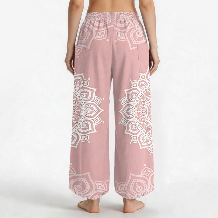 Buddha Stones Baumwoll-Haremshose für Damen mit weißem Boho-Mandala-Muster, elastischem Bund und Seitentaschen - image 2