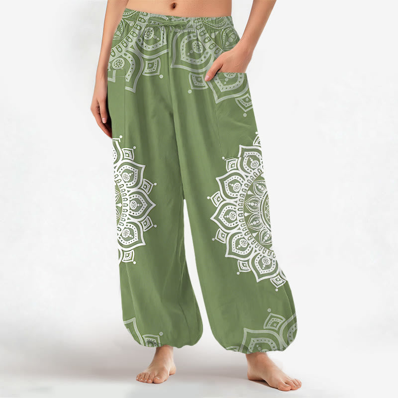 Buddha Stones Baumwoll-Haremshose für Damen mit weißem Boho-Mandala-Muster, elastischem Bund und Seitentaschen - Dunkelmeergrün - US16, UK/AU20, EU48 (3XL) - image 7