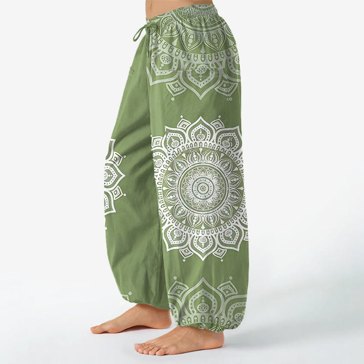 Buddha Stones Baumwoll-Haremshose für Damen mit weißem Boho-Mandala-Muster, elastischem Bund und Seitentaschen - image 8