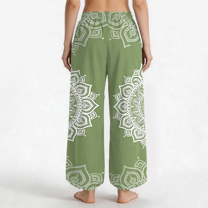 Buddha Stones Baumwoll-Haremshose für Damen mit weißem Boho-Mandala-Muster, elastischem Bund und Seitentaschen - image 9