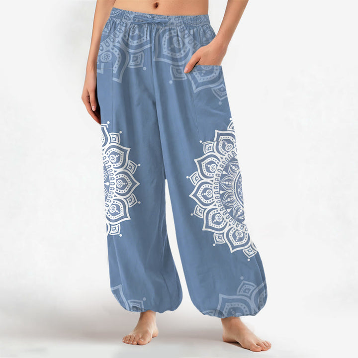 Buddha Stones Baumwoll-Haremshose für Damen mit weißem Boho-Mandala-Muster, elastischem Bund und Seitentaschen - Hellstahlblau - US16, UK/AU20, EU48 (3XL) - image 10