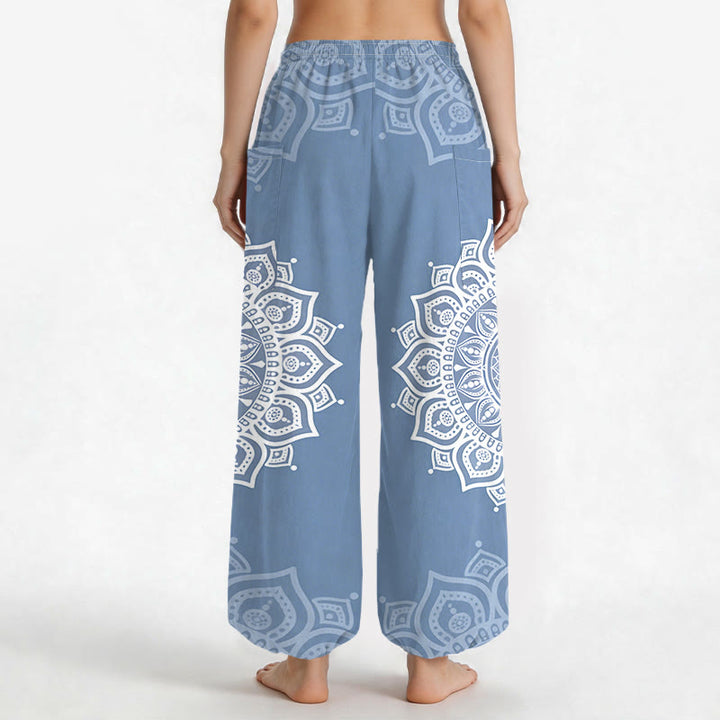 Buddha Stones Baumwoll-Haremshose für Damen mit weißem Boho-Mandala-Muster, elastischem Bund und Seitentaschen - image 12