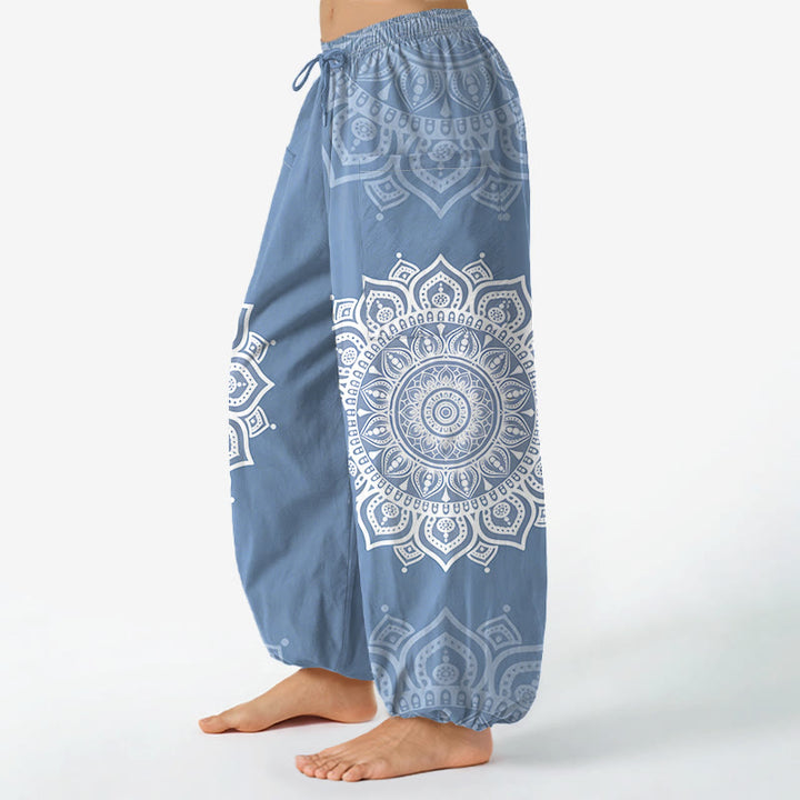 Buddha Stones Baumwoll-Haremshose für Damen mit weißem Boho-Mandala-Muster, elastischem Bund und Seitentaschen - image 11