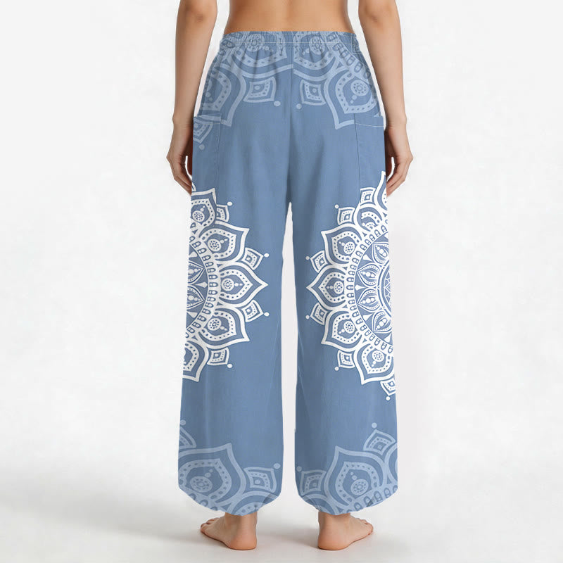 Buddha Stones Baumwoll-Haremshose für Damen mit weißem Boho-Mandala-Muster, elastischem Bund und Seitentaschen - image 12